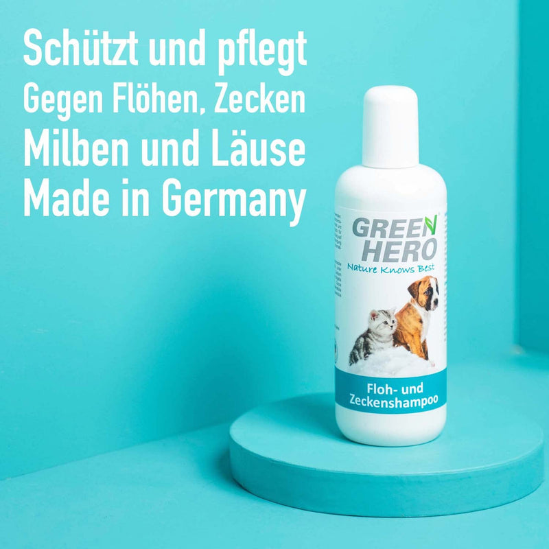Green Hero flea and tick shampoo for dogs and cats protects against fleas, ticks, mites, lice and parasites 250ml dog shampoo and cat shampoo without silicones, parabens and microplastics - BeesActive Australia