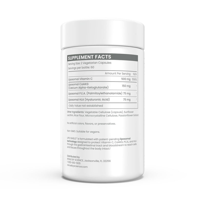 Renue By Science Shield | Liposomal Vitamin C CaAKG P.E.A Hyaluronic Acid Supplement | 120 Capsules with Vitamin C (500mg) CA AKG (150mg) Palmitoylethanolamide (75mg) HLA (75mg) | Made in the USA