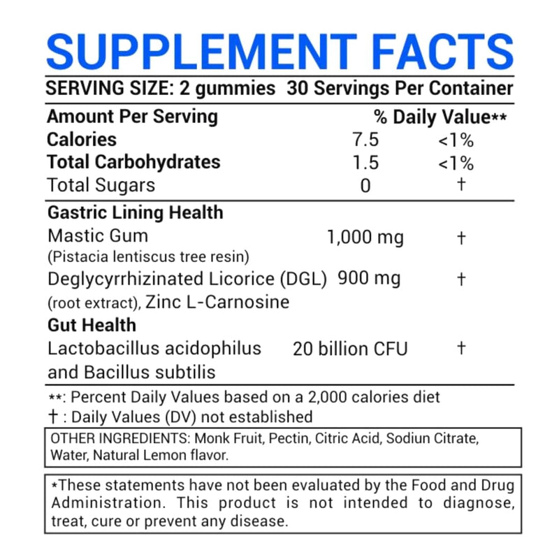 Mastic Gum Stomach Soothe - Stomach Relief h Pylori Support 4 in 1 Mastic Gum Probiotics Zinc Carnosine DGL Licorice Extract - Gut Lining Health Lemon 60 Vegan Gummies