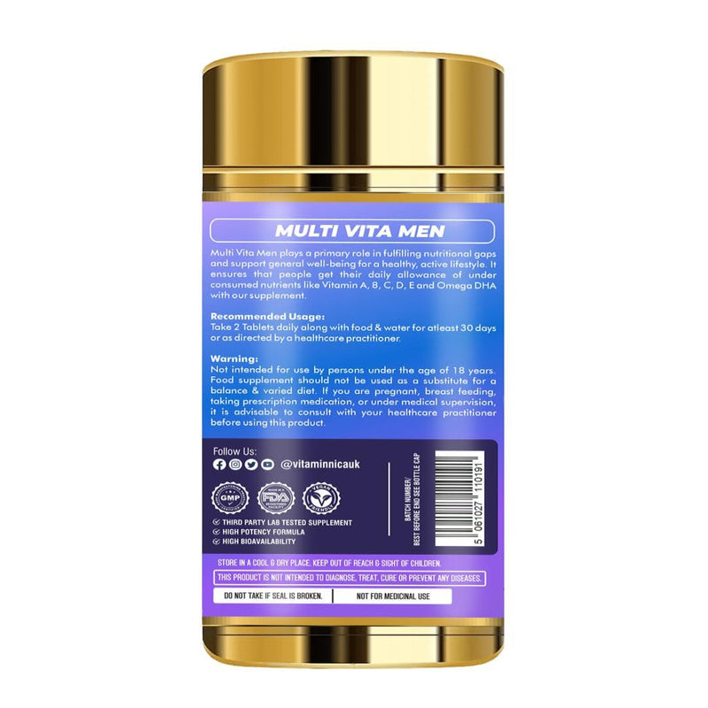 Vitaminnica Multivitamins for Men with Vitamin A & 28 Other nutrients for Overall Health & Immunity- 60 Tablets