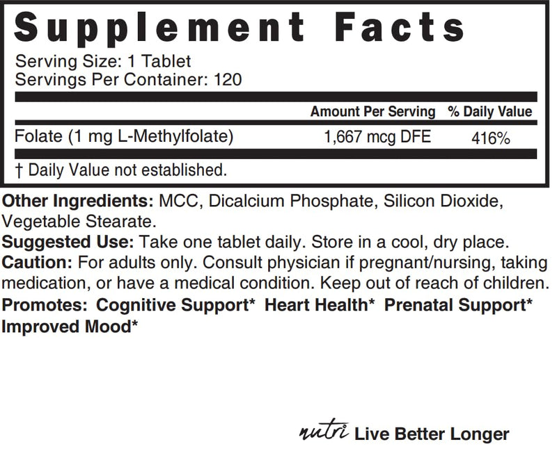 Nutri 5-MTHF L Methylfolate 1MG - 4 Month Supply, 120 Vegan Tablets - Methylated Folate Supplement - Cognitive Function, Heart Health, Prenatal Support - 3rd Party Tested - NSF Certified Facility 120 Count (Pack of 1)