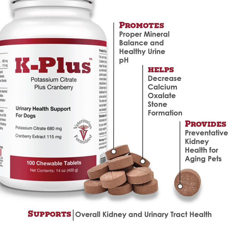 K-Plus Potassium Citrate Plus Cranberry Supplement for Dogs - UTI Remedy Chewable Tablets - Supports Bladder Health - For Every Dog Breed (100 Tabs) - BeesActive Australia