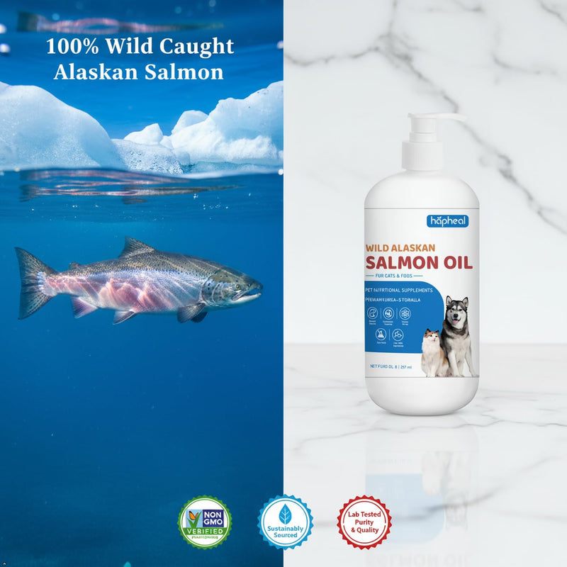 Wild-Caught Salmon Oil for Dogs & Cats - Omega 3 EPA DHA,Fish Oil Liquid Supplement for Skin & Coat, Joint & Bone Health (8 FLOZ) 8 FLOZ