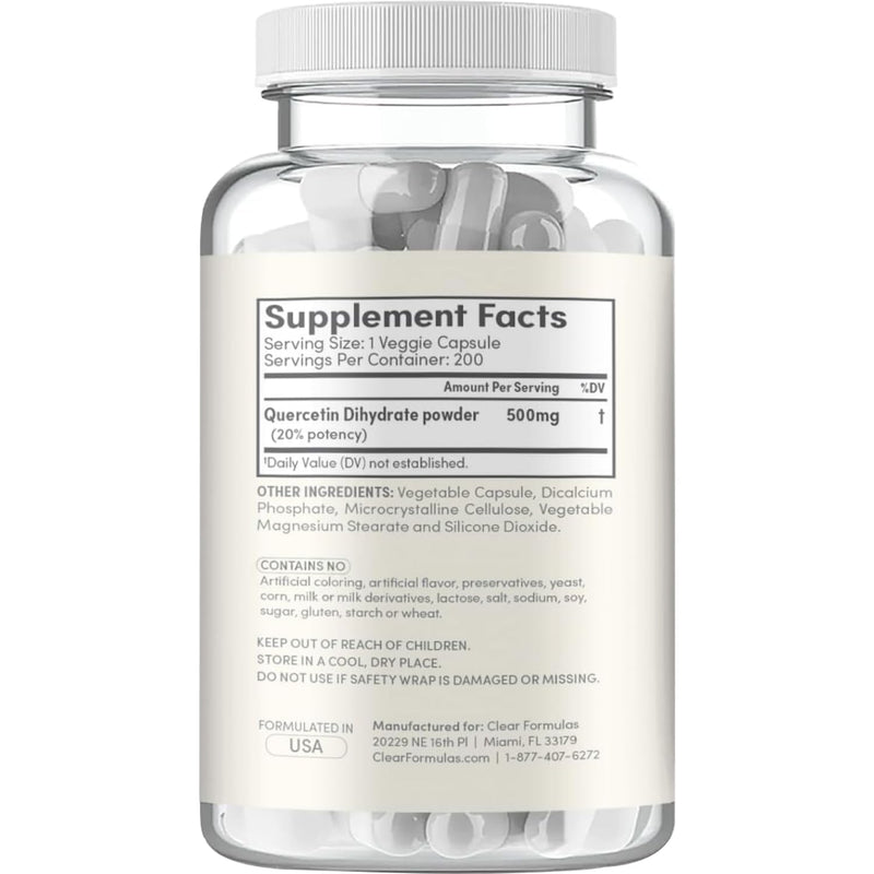 High Strength Quercetin 500mg Capsules - Quercetin Dihydrate Potent Flavonoid Antioxidant and Nutraceutical for Heart and Immune Support - Vegan Friendly - Made in a cGMP US Lab (200 Servings)