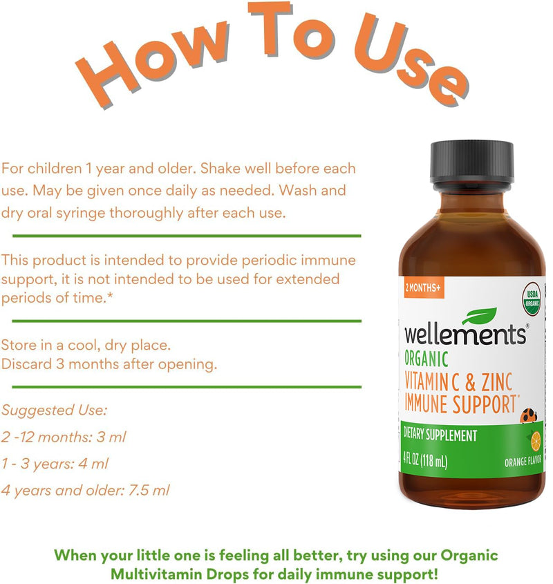 Wellements Organic Kids Immune Support* Syrup Vitamin C & Zinc 2 Months+ | Immune Support* for Kids & Toddlers, Orange Flavor | Free from Dyes, Parabens & Top 9 Most Common Allergens (4 Fl Oz)