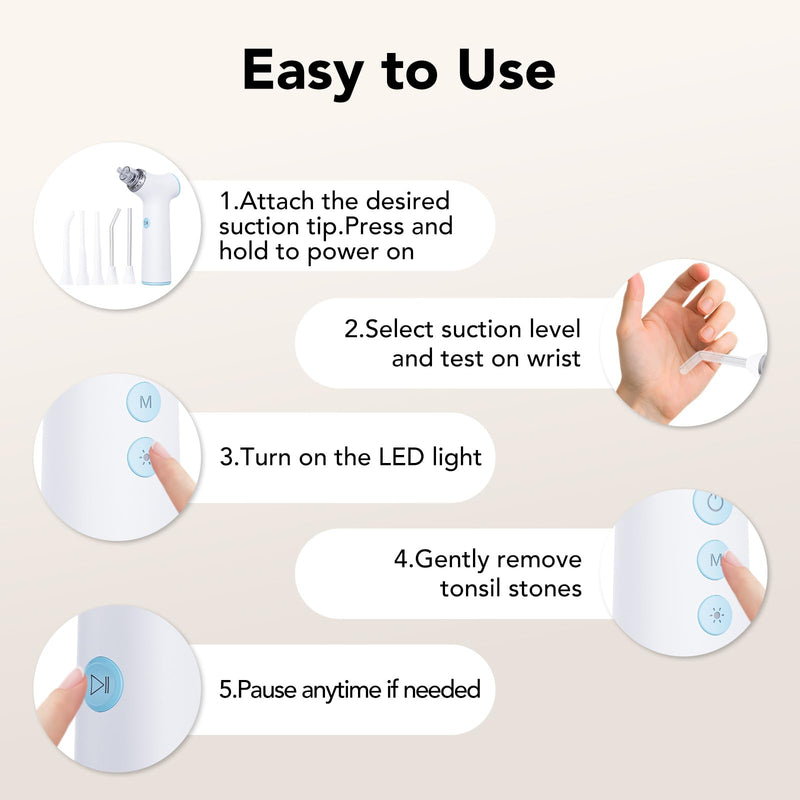 Electric Tonsil Stone Remover Vacuum – 8 Suction Levels with LED Light, Safety Pause Button & Oral Protection | High-Precision Tonsil Stone Removal Kit with 13 Attachments for Painless Cleaning White - BeesActive Australia