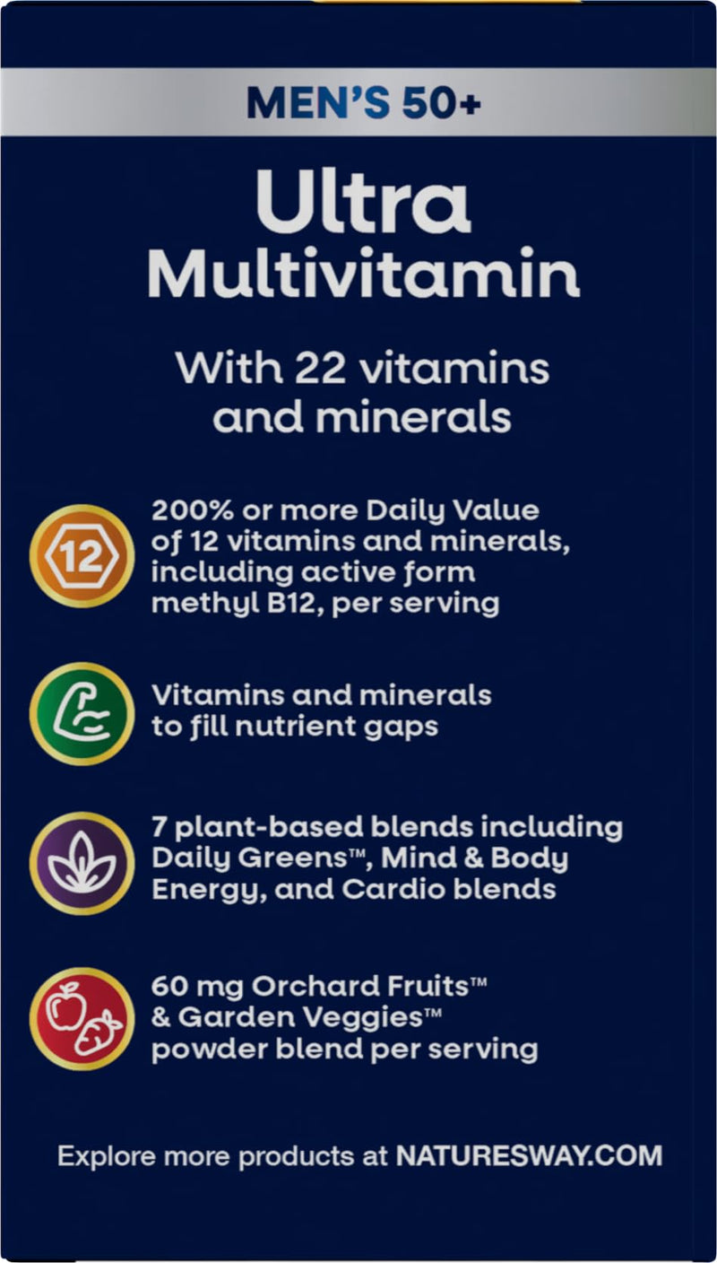 Nature's Way Alive! Men's 50 Plus Ultra Potency Multivitamin, 60 ct x3 | Complete High Potency Formula, Vitamin D3, C, E, Methyl B12, Supports Cellular Energy, Heart, Brain, & Eye Health,* 3 Pack 60 Count (Pack of 3)