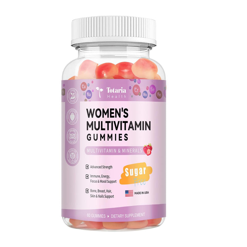 Totaria Sugar Free Multivitamin Gummies for Women 14+ w/Iron, Inositol, Folate, Biotin, Womens Daily Multivitamin Gummy w/Vitamin A, C, B, D3, K2, for Hair, Skin, Energy, Immune, Strawberry Flavor 60 Count (Pack of 1)