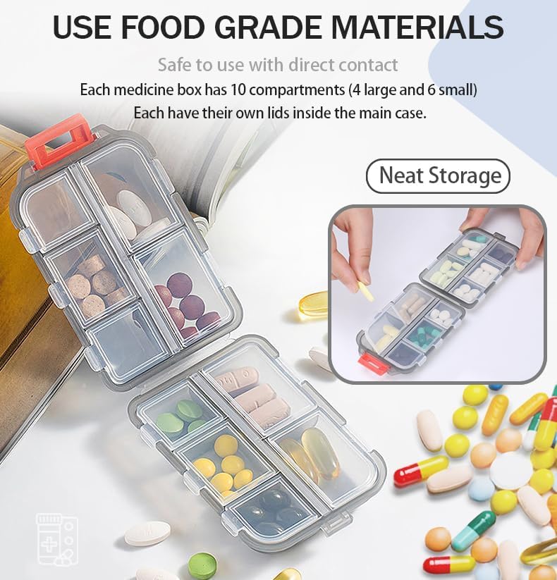 Travel Pill Storage Box Foldable 10 Compartment for Vitamin Tablet | Small Medicine Box for Pocket Wallet,Daily Pill Organizer,Portable Medication and Vitamin Holder Container Grey