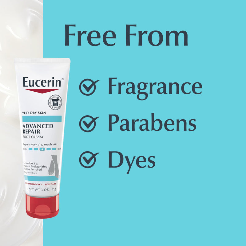 Eucerin Advanced Repair Foot Cream for Dry Feet and Heels, Repairs Very Dry, Rough Skin, Fragrance Free, Non Greasy, Fast Absorbing, Travel Size Lotion, 3 Oz Tube, Pack of 3 - BeesActive Australia