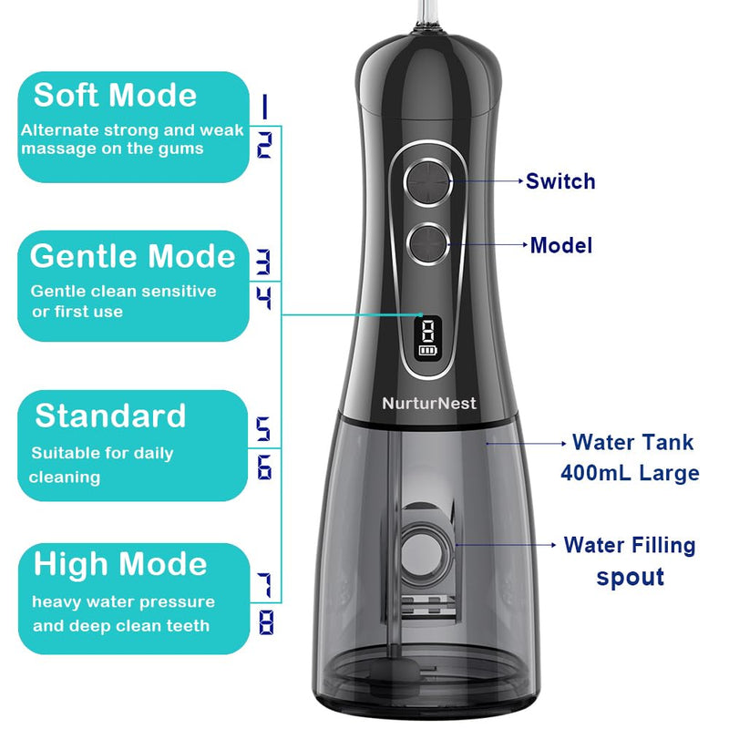 Water Flosser for Teeth, Cordless Oral Irrigator, Professional Rechargeable Dental Water flosser, IPX7 Waterproof, 8 Modes, Large Water Tank, 400ML(13.5oz) for Home & Travel, Black