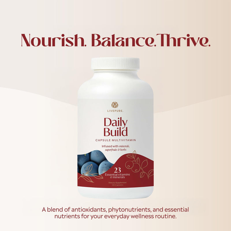 Pure Daily Build | 120 Capsules | Advanced Multivitamin Supplement | Vitamins, minerals & superfruits with Optisorb Blend | Supports overall wellness for the whole family