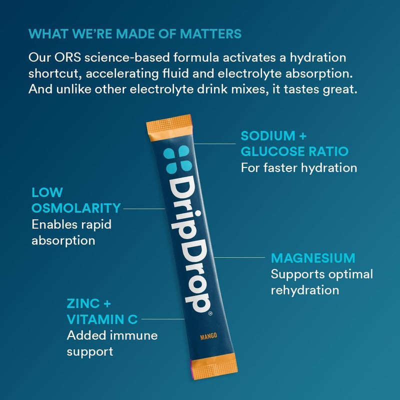 DripDrop Hydration Tropical Variety Pack, Electrolyte Packets, 16 Count | Mango, Açaí, Passion Fruit & Piña Colada; 3X Electrolytes, Vitamin C, Magnesium, Zinc; Single Serve Powder Drink Mix