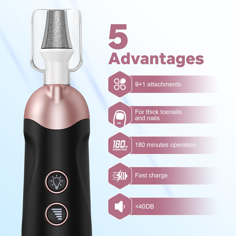 AOMEES Electric Nail File Kit, Rechargeable Professional Manicure Pedicure Kit, 5 Speeds Hand Foot Care Tool for Nail Grind Trim Polish - with 100Pcs Fine Grit Nail File Sanding Tape Black - BeesActive Australia