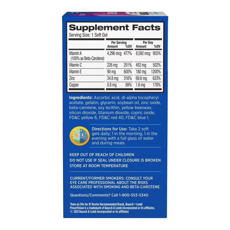 PreserVision AREDS Eye Vitamins Zinc & Vitamin C Supplement 90 Softgels | AREDS formula, macular support vitamins*, zinc, vitamin A, C & E, softgels, #1 eye doctor recommended brand1, eye health 90 Count (Pack of 1)