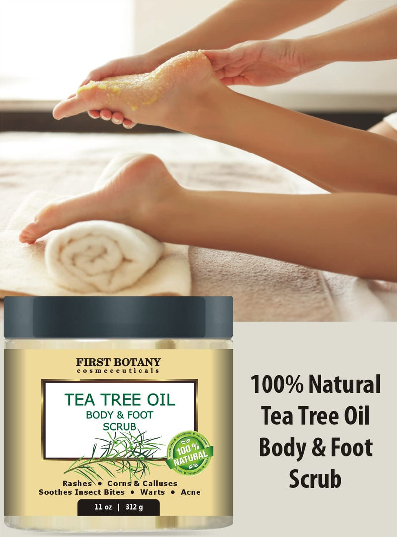 First Botany Cosmeceuticals, 100% Natural Tea Tree Oil Body & Foot Scrub with Salt - Best for Acne, Dandruff and Warts, Helps with Corns, Calluses, Athlete foot, Jock Itch & Body Odor - BeesActive Australia