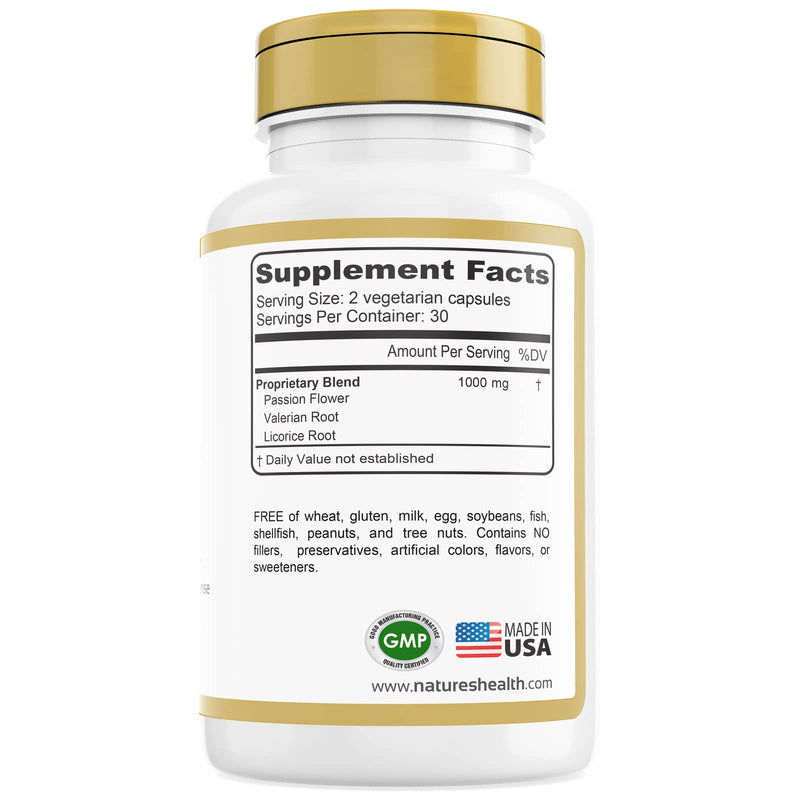 Nature's Health Calm and Composed – Valerian Root and Passion Flower Formula – Daily Stress Relief – Relaxation Supplement – 1000 mg per Serving – 60 Vegetarian Capsules - BeesActive Australia