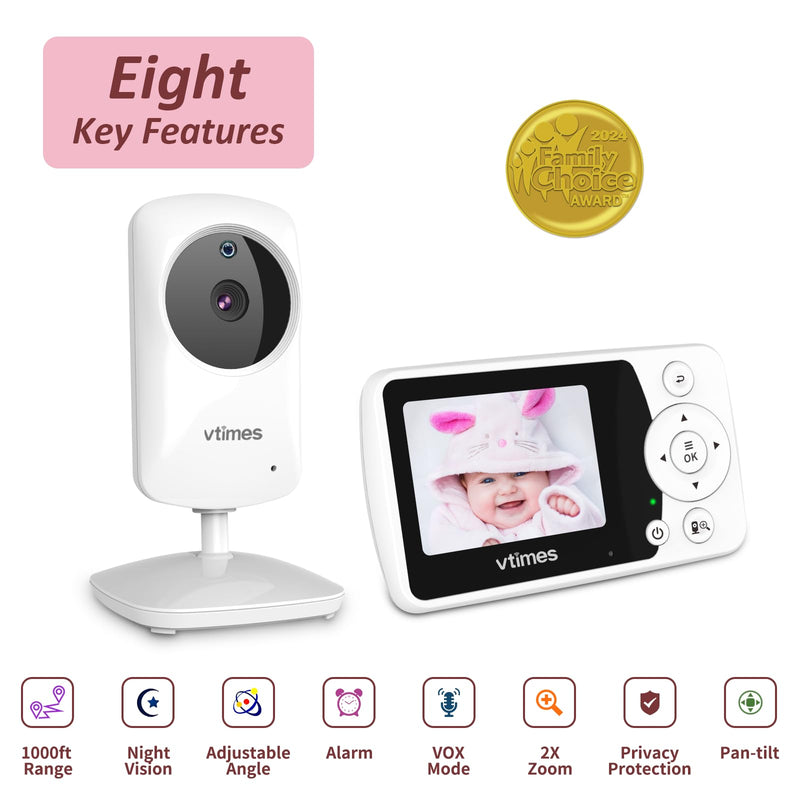 Baby Monitor with Camera and Audio, Video Baby Monitor No WiFi Night Vision, 2.4" Screen Portable Baby Camera VOX Mode Pan-Tilt-Zoom Alarm and 1000ft Range, Ideal for Baby/Elderly/Pet - BeesActive Australia