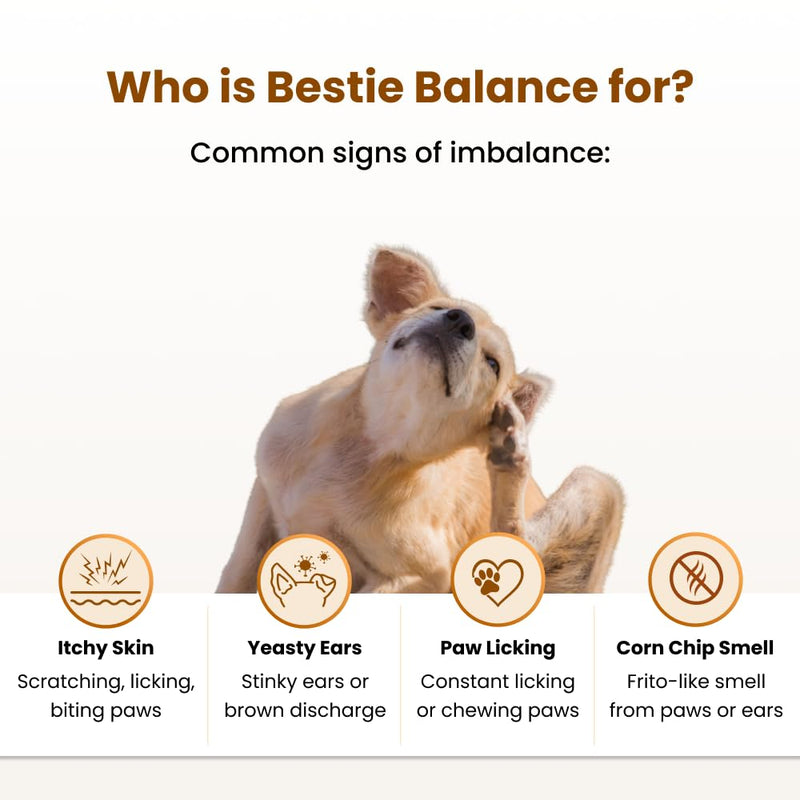 Bestie Balance Anti Yeast Supplement for Dogs. Itch Relief for Dogs - 2.5 Billion Dog Probiotics for Yeast, Itchy Skin and Itchy Ears. Stop Recurring Yeast with Gut Balance. 90 B