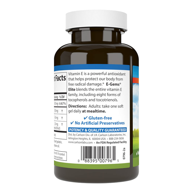 Carlson E-Gems Elite, 1000 IU (670 mg), Optimal Wellness, 60 Softgels | Vitamin E with Tocopherols and Tocotrienols