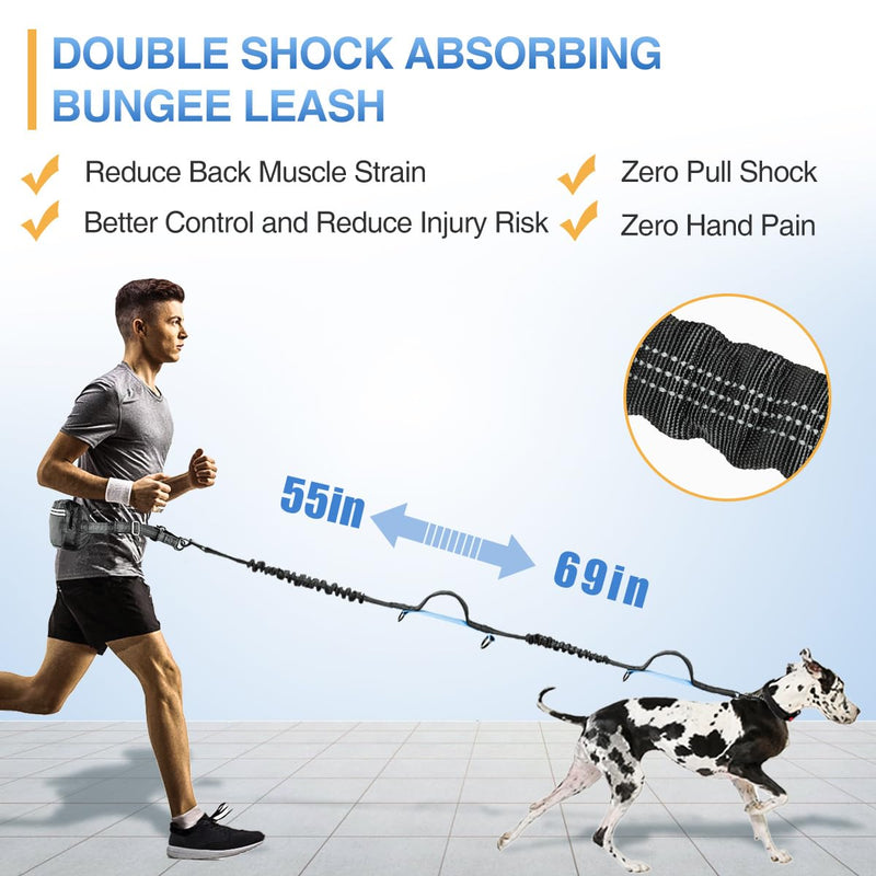Kytely Hands Free Dog Leash with Zipper Pouch, Wide Padded Waist Dog Running Leash for Medium and Large Dogs, Dual Padded Handles, Retractable Bungee for Walking Jogging Training Hiking Black/Blue For 1 Dog