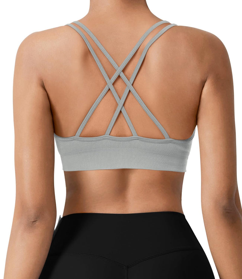 VEQING Seamless V-Neck Women Sports Bras, Padded Cross Back Wireless Low Impact Workout Yoga Bras for Small Chests, 3 Pack X-Large 3pack(black+white+gray)