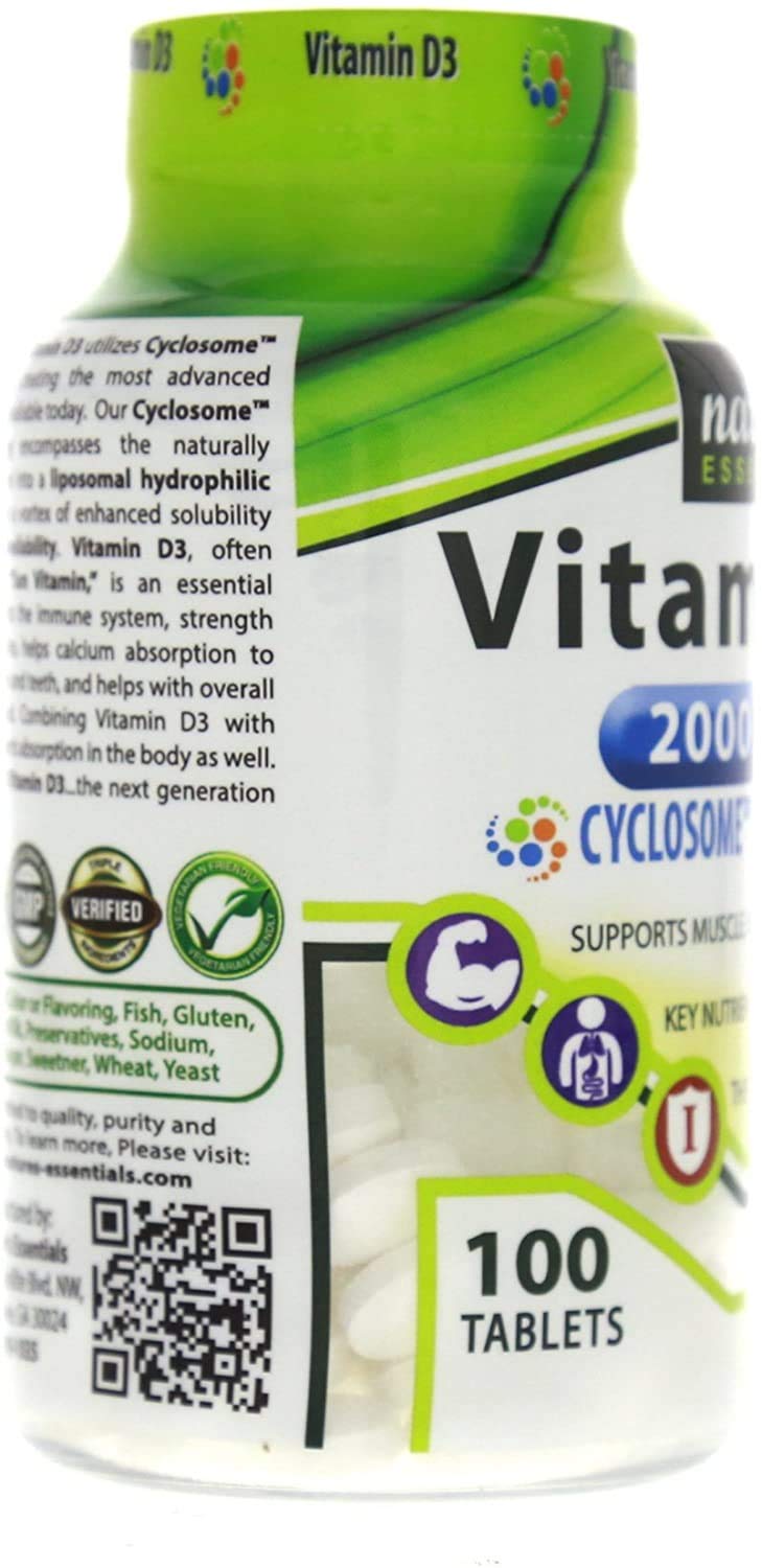 NATURE'S ESSENTIALS Vitamin D3 2000 IU, 100 Tablets | Supports Bone Health, Promotes Muscle Function, Advanced Cyclosome Delivery, Vegetarian