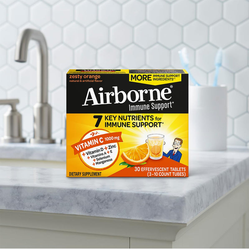 Airborne 1000mg Vitamin C + Zinc Sugar Free Multivitamin Immune Support Effervescent Fizzy Drink Tablets, Zesty Orange Flavor with Powerful Antioxidants Vitamins A C & E, 30 Tablets (2 Pack) 30 Count (Pack of 2)
