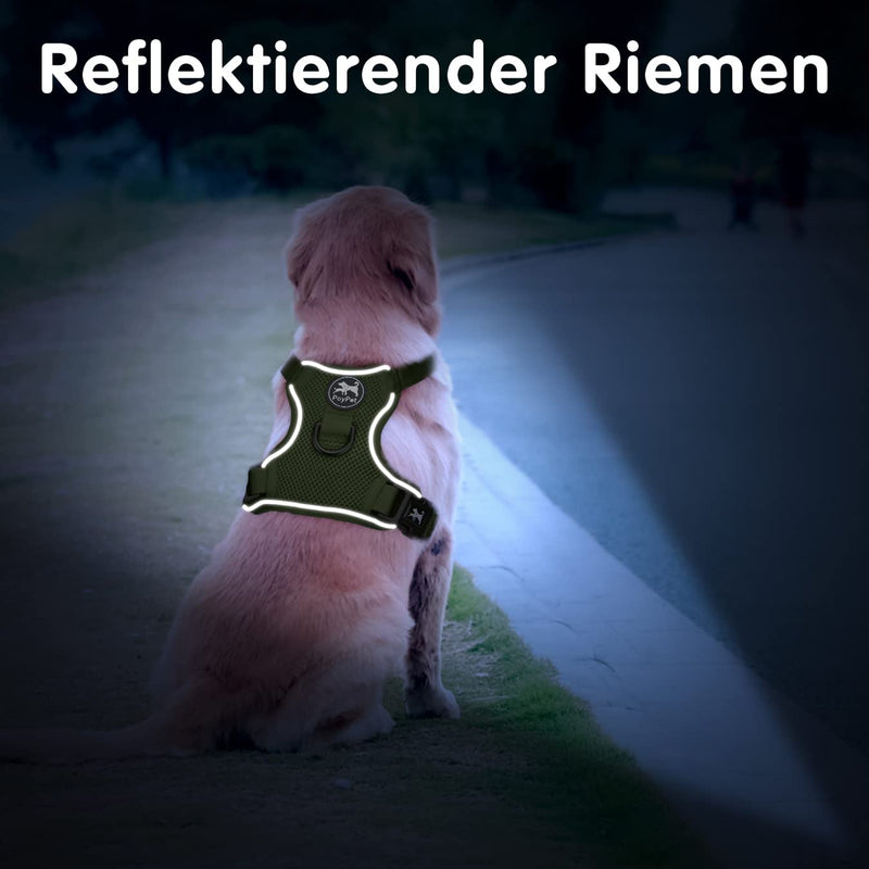 PoyPet Reflective Soft Breathable Mesh Dog Harness Anti-Choking Double Padded Vest with Adjustable Neck and Chest(Military Green,M) M (1 Pack) Military Green - BeesActive Australia