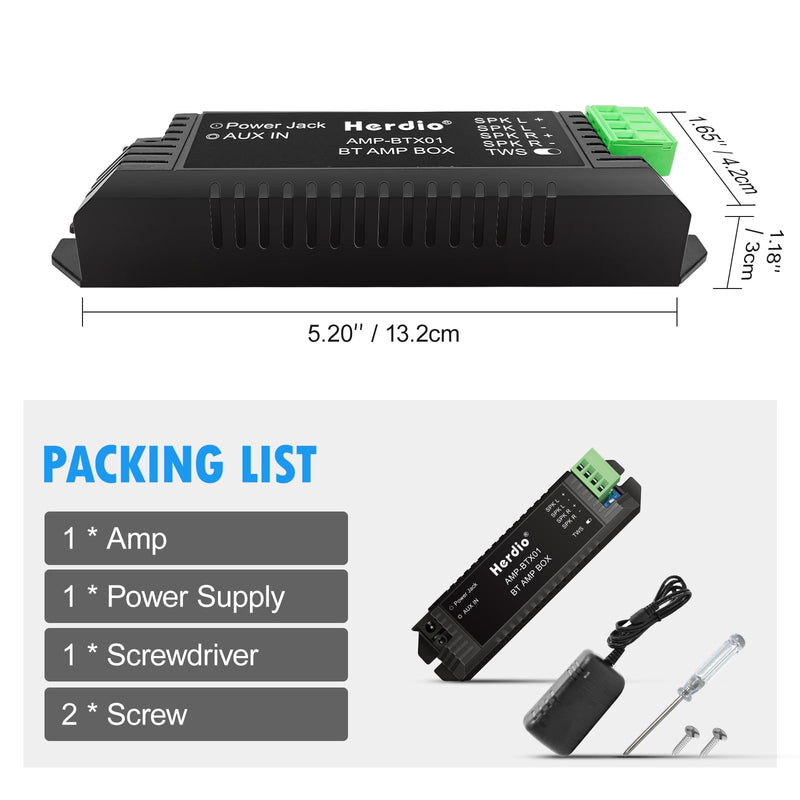 Herdio Bluetooth Home Audio Amplifier 2.0 Channel Receiver System for Passive Speakers with AUX TWS Suitable for Ceiling Marine Home Theater Garage Outdoor Indoor Small