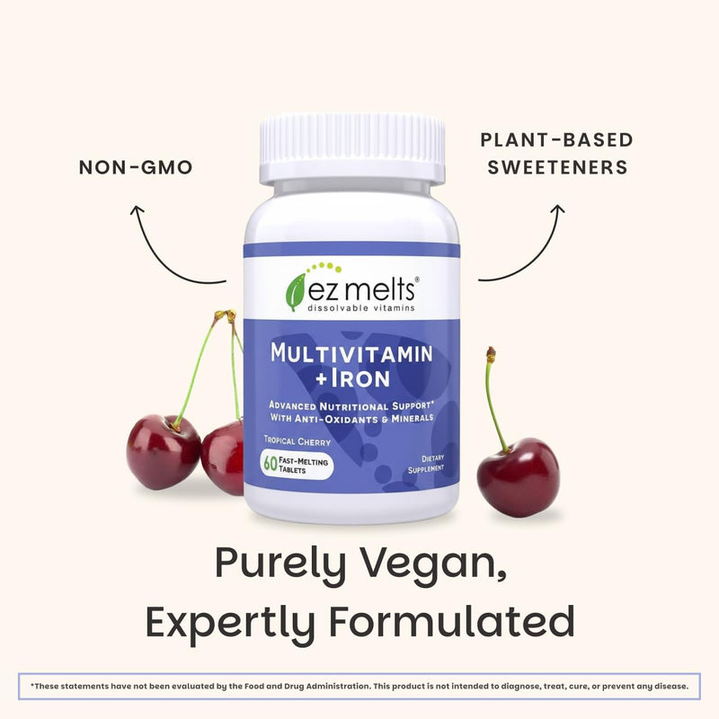 EZ Melts Multivitamin + Iron - Daily Multivitamin for Women & Men - Supports Healthy Energy Levels & Antioxidant Protection - Non-GMO & Vegan - Tropical Cherry - 120 Dissolvable Tablets (60 Servings) 60 Count (Pack of 2)