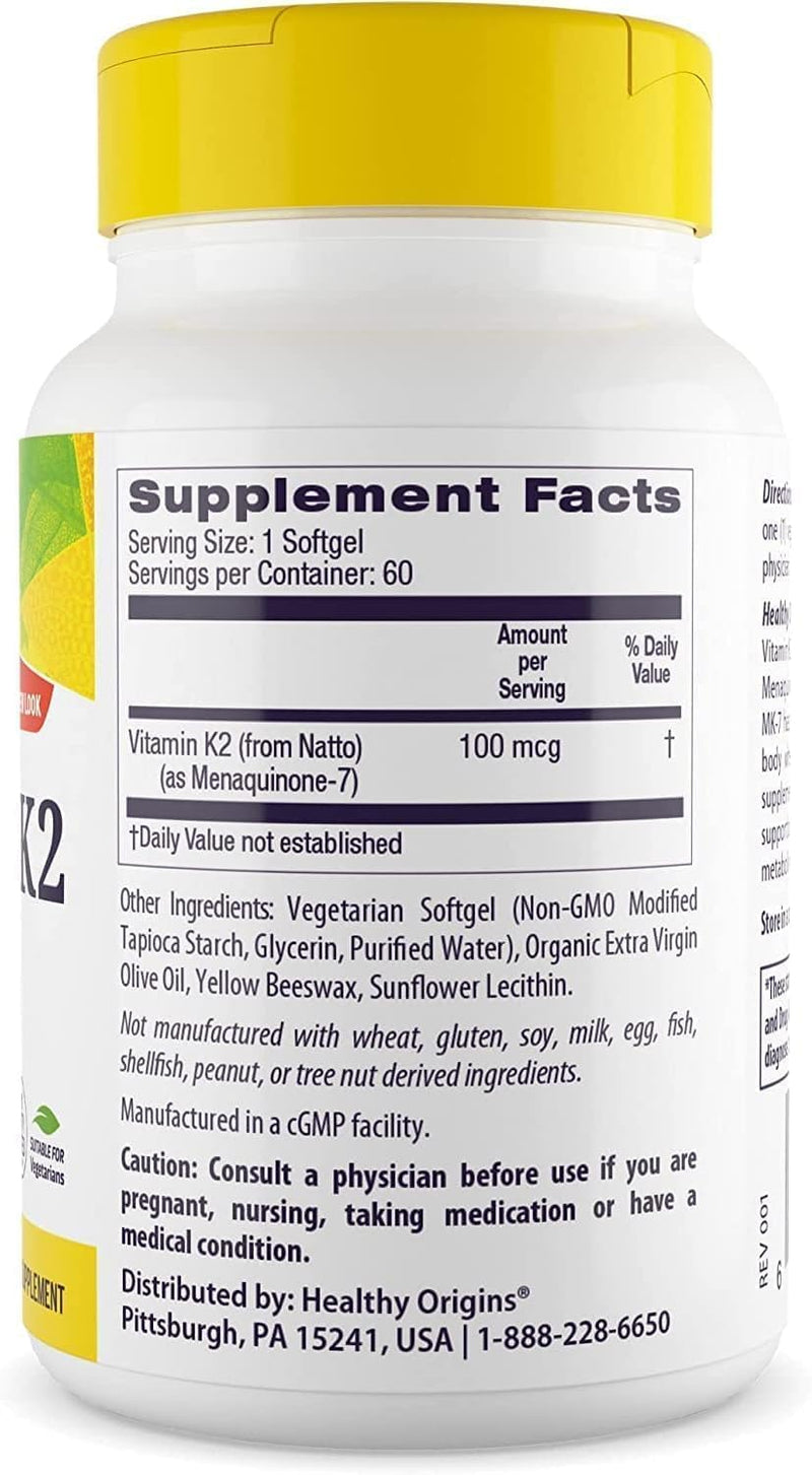 Healthy Origins Vitamin K2 MK-7 100 mcg, 60 Veggie Gels 60 Count (Pack of 1)