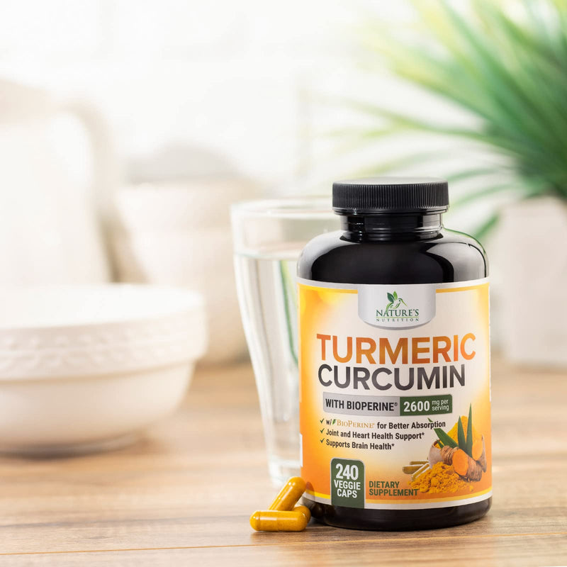 Turmeric Curcumin Supplement with BioPerine 95% Curcuminoids 2600mg with Black Pepper for Best Absorption, Bottled in USA, Best Natural Vegan Joint Support, Nature's Tumeric Capsules - 240 Capsules 240 Count (Pack of 1) - BeesActive Australia