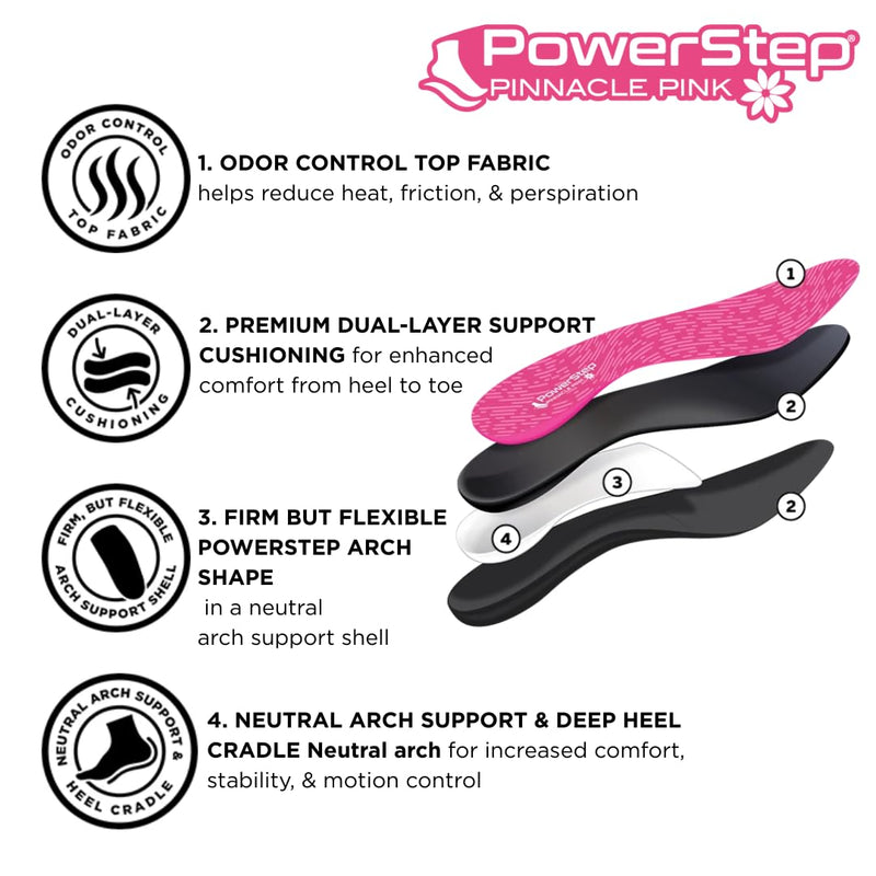PowerStep Pinnacle Pink Orthotics for Women, Arch Support Inserts, Plantar Fasciitis Relief, Made in USA, Shoe Inserts, Maximum Cushioning, Deep Heel Cup for Pronation Women's 9-9.5 / Men's 7-7.5 - BeesActive Australia