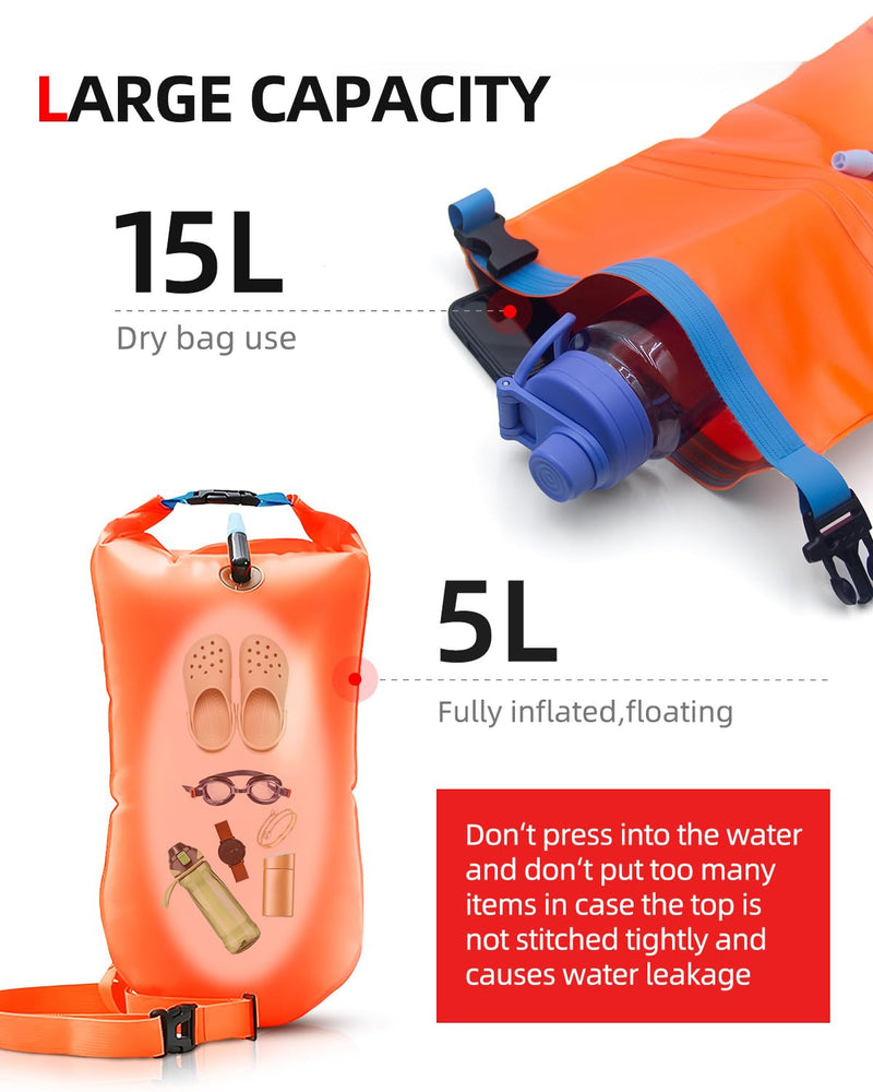 Abahub Swim Bubble Safety Tow Float Achieve Be Bright, Be Seen, Be Safer for Open Water Swimmers and Triathletes During Outdoor Swimming High Visibility Buoy Orange 15L