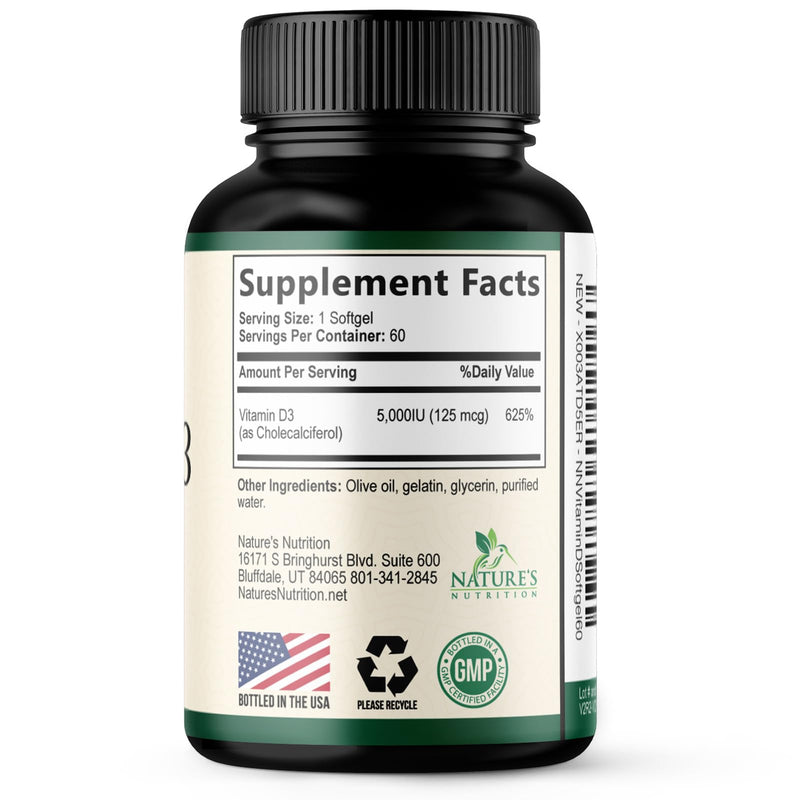 Vitamin D3 5000 IU 125 mcg Per Serving - Extra Strength Vitamin D for Bone Health, Teeth, Muscle & Immune Support - High Absorption D3 Supplement - Non-GMO Gluten Free - USA Bottled - 60 Softgels 60 Count (Pack of 1)