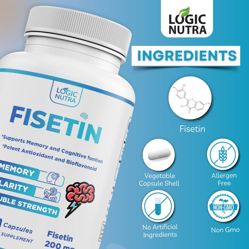 Fisetin Double Strength - Fisetin Supplements 200 mg - Non-GMO, Vegan, & Gluten Free - 60 Capsules - Potent Antioxidant Supplement for Wellness Support