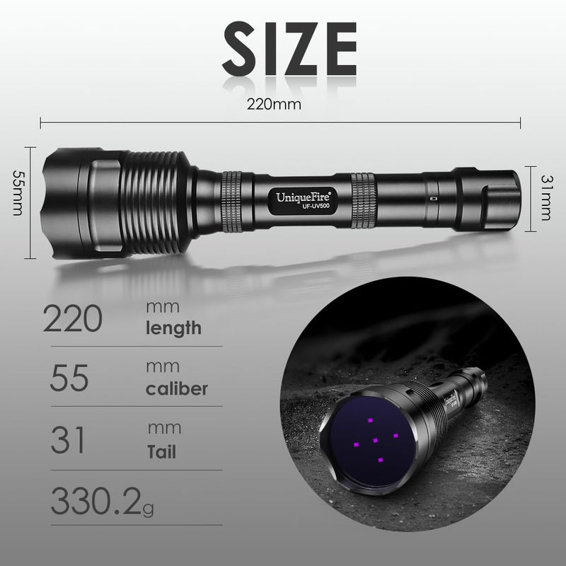 UniqueFire 365nm Black Light UV Flashlight with 5 LEDs Professional UV Light, 50W Powerful Blacklight Flashlight Rechargeable for Pet Urine Finding & Mineral, Antique Detection, Scorpion Search, etc - BeesActive Australia