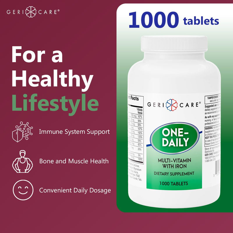 GeriCare One-Daily Multi-Vitamin with Iron, Complete Daily Nutritional Supplement with Essential Minerals for Energy, Immunity, Bone & Overall Wellness, 1000 Count (Pack of 1) 1000 Count (Pack of 1)
