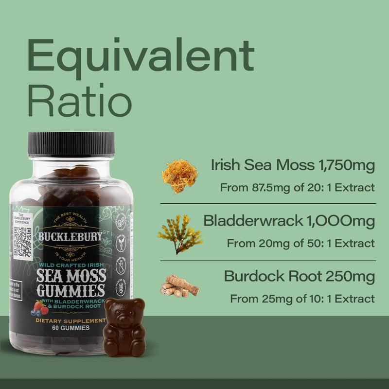 BUCKLEBURY Wild Crafted Irish Sea Moss Gummies with Bladderwrack & Burdock Root - Natural Chewable Multivitamin Vegan Sea Moss Gummies for Immune, Thyroid & Digestive Support - 60 Count