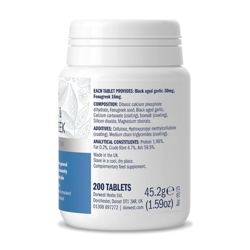 Dorwest Herbs Garlic and Fenugreek Tablets for Dogs 200 Tablets Garlic,Herbal 200 Count (Pack of 1)