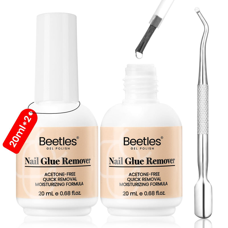 Beetles 2 Pcs Nail Glue Remover 20 ml for Press on Nails, False Nails Glue Remover for Fake Nail Tips Acrylics Nails Adhesive Remover Includes Cuticle Pusher, Not for Uv Gel Glue or Gel Polish 9-2 Pcs Nail Glue Remover 20 ml