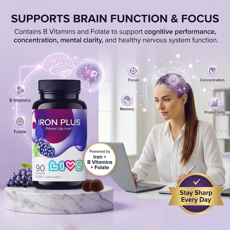 LIVS Iron Plus Gummies – 20mg Gentle Iron Supplement for Women & Men – Anemia Support – Vitamin C for Absorption – Biotin, Folate & B12 for Energy – Gluten Free, Vegan, Halal & Kosher – 180 Count Adults - Iron Plus 90 Count (Pack of 2)