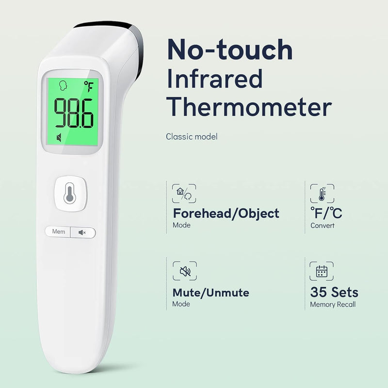 No-Touch Thermometer for Adults and Kids, Fast Accurate Digital Thermometer with Fever Alarm & Silent Mode, Easy-to-use, Forehead Thermometer for Babies, Kids & Elderly White