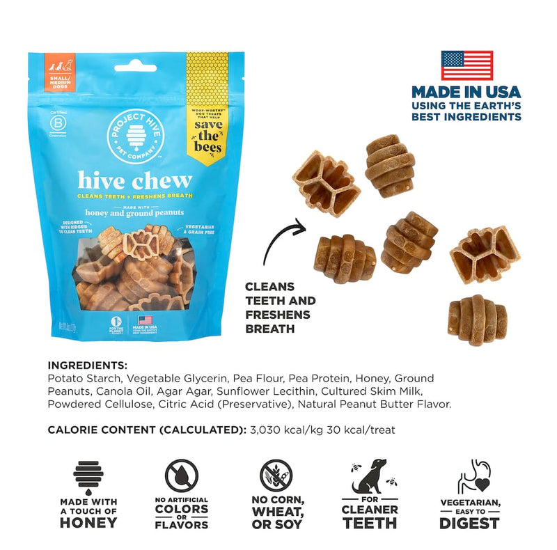 PROJECT HIVE ·PET COMPANY· Dental Chew Treats for Dogs, – Peanut Flavor, Dental Treats, Cleans Teeth & Freshens Breath, Vegetarian, No Grain or Soy (8 Ounce (Pack of 2), Small Hive Chews) 3.5 Ounce (Pack of 2)