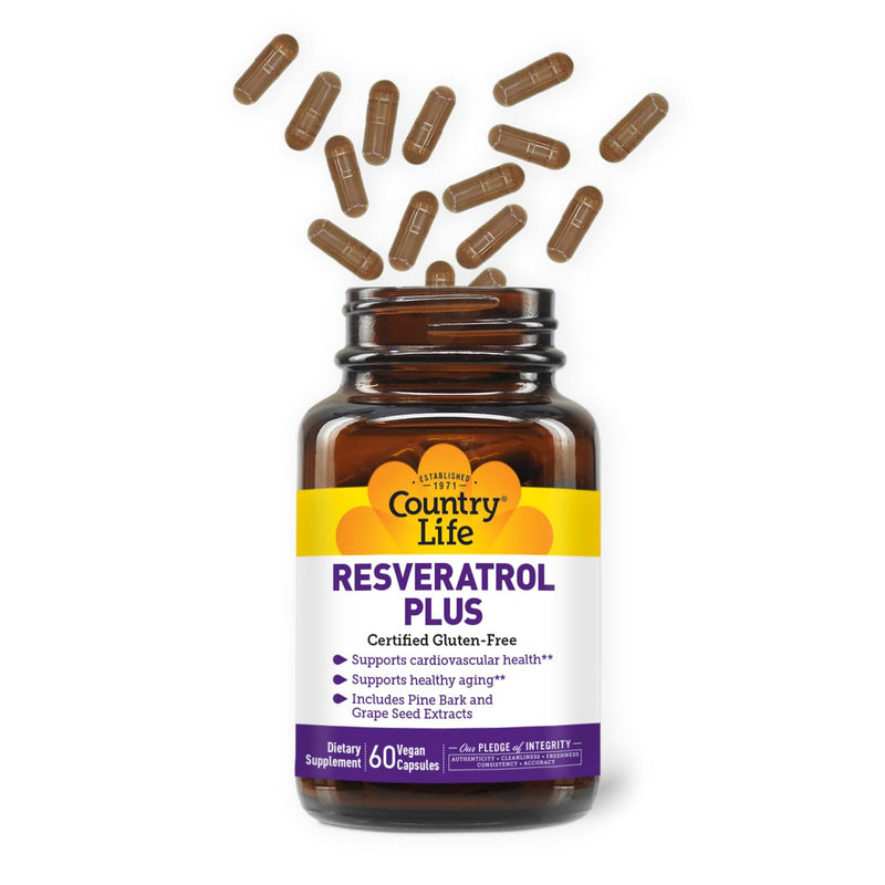 Country Life Resveratrol Plus 1000mg - Organic Antioxidant Supplement with Pine Bark & Grape Seed Extracts - Vegan, Gluten-Free, Non-GMO 60 Count (Pack of 1)