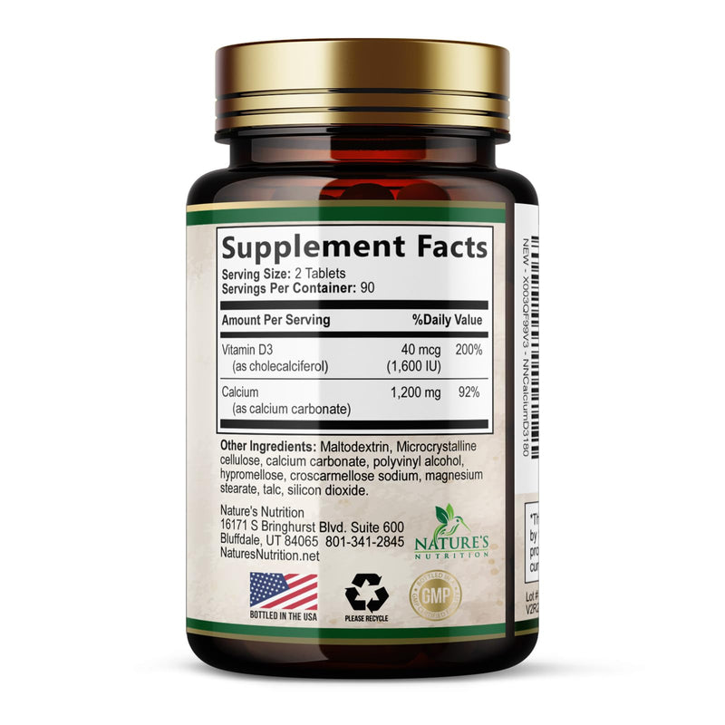 Calcium 1200 mg with Vitamin D3 - Bone Health Supplement, Vitamin D & Calcium Supplements for Women & Men - Bone Strength, Teeth & Immune Support, Nature's Calcium Pills, Bottled in USA - 180 Tablets 180 Count (Pack of 1)