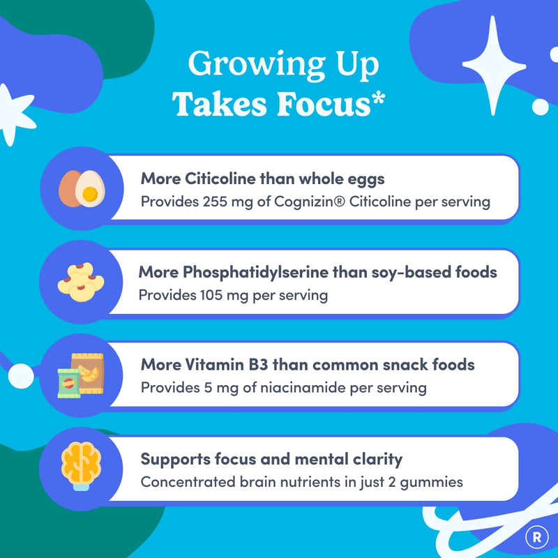 Teen Focus Gummies with Cognizin Citicoline, PS & Vitamin B3 for Ages 13-18 | Brain gummies for teens with Cognizin® citicoline and phosphatidylserine; caffeine-free choline gummies for focus and memory