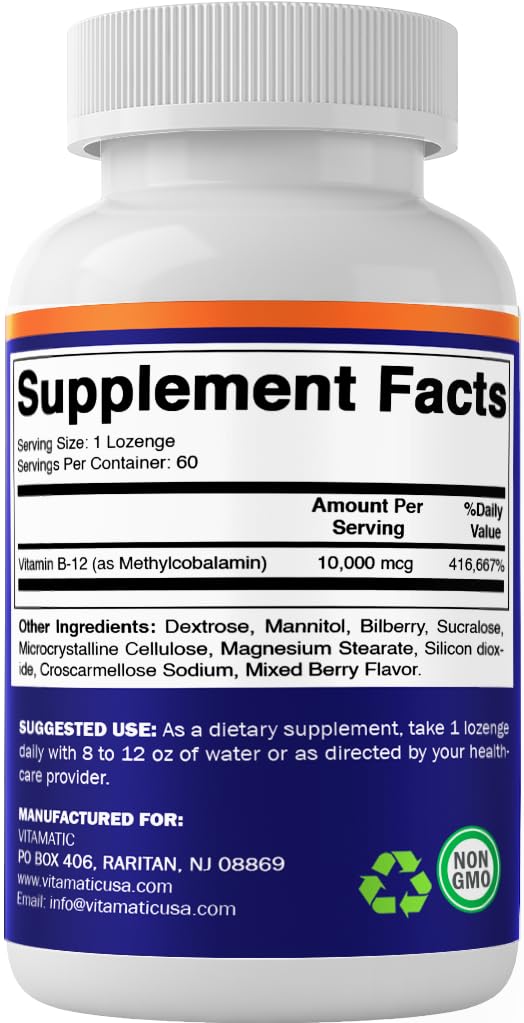 Vitamatic Methyl B-12 10,000 mcg, 60 Count Lozenges | Natural Berry Flavor, Superior Source of Vitamin B12 for Energy & Nerve Health*, Non GMO, Gluten Free, Made in USA 60 Count (Pack of 1)