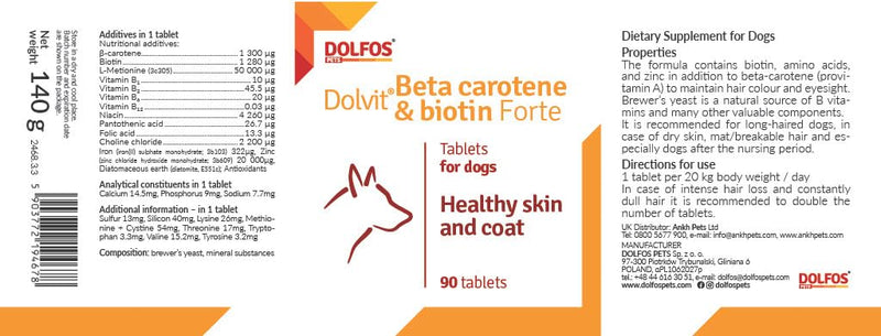 Dolvit Beta Carotene Biotin Healthy Skin Shiny Coat Dogs 90 tablets